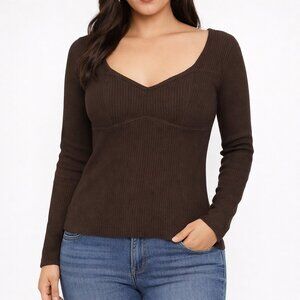 Skin Meg Cashmere Cotton Blend Sweatheart Ribbed Brazil Nut Sweater XL NWT